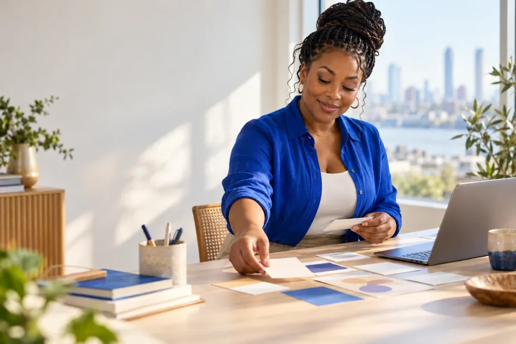 Entrepreneur arranging blank content cards on a table by a sunny window next to a laptop