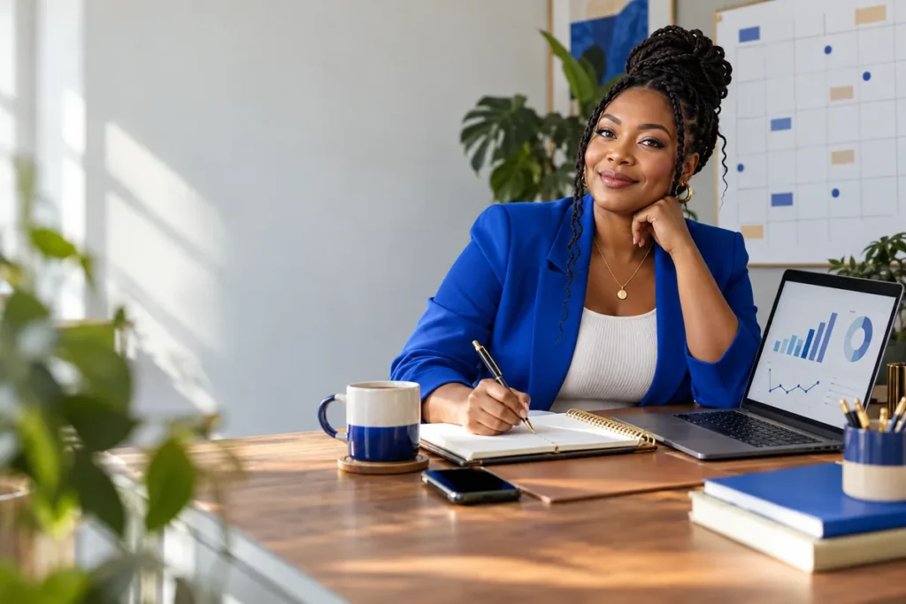 Smiling entrepreneur at a desk with a notebook, laptop charts and a wall calendar, planning the month