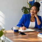 Smiling entrepreneur at a desk with a notebook, laptop charts and a wall calendar, planning the month