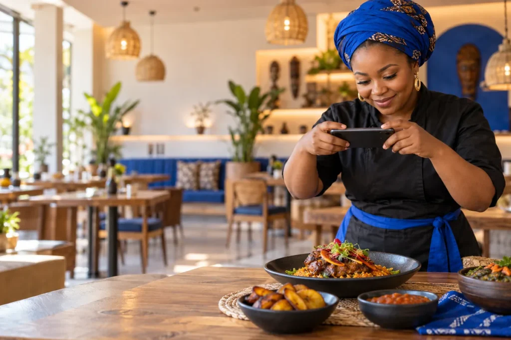 Restaurant owner in a blue headwrap photographing a plate of African dishes with her phone