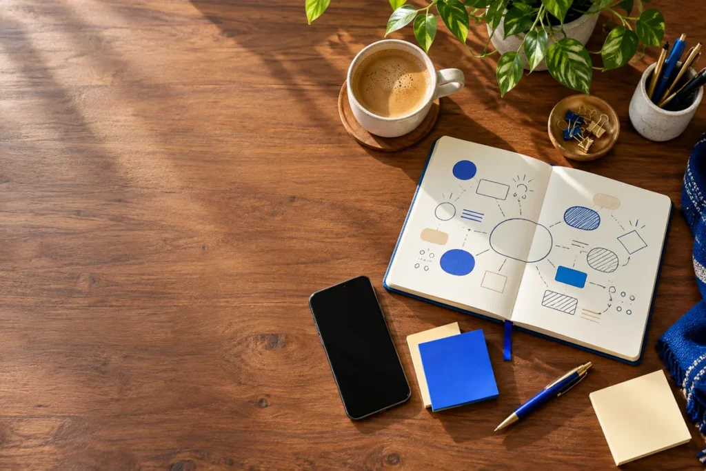 Overhead view of a notebook with a mind map, sticky notes, a phone and a coffee cup on a wooden desk