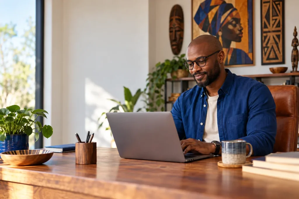 Man typing on a laptop in a cosy home office with African art on the wall