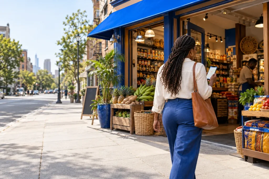 Customer walking into an African grocery store while checking a map on her phone