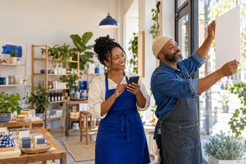 Two shop owners preparing a promotion, one holding a phone while the other hangs a blank sign in the window