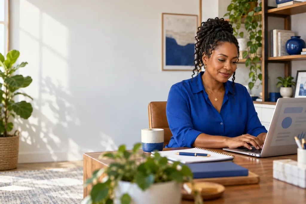 Calm business owner typing a reply on her laptop in a quiet back office