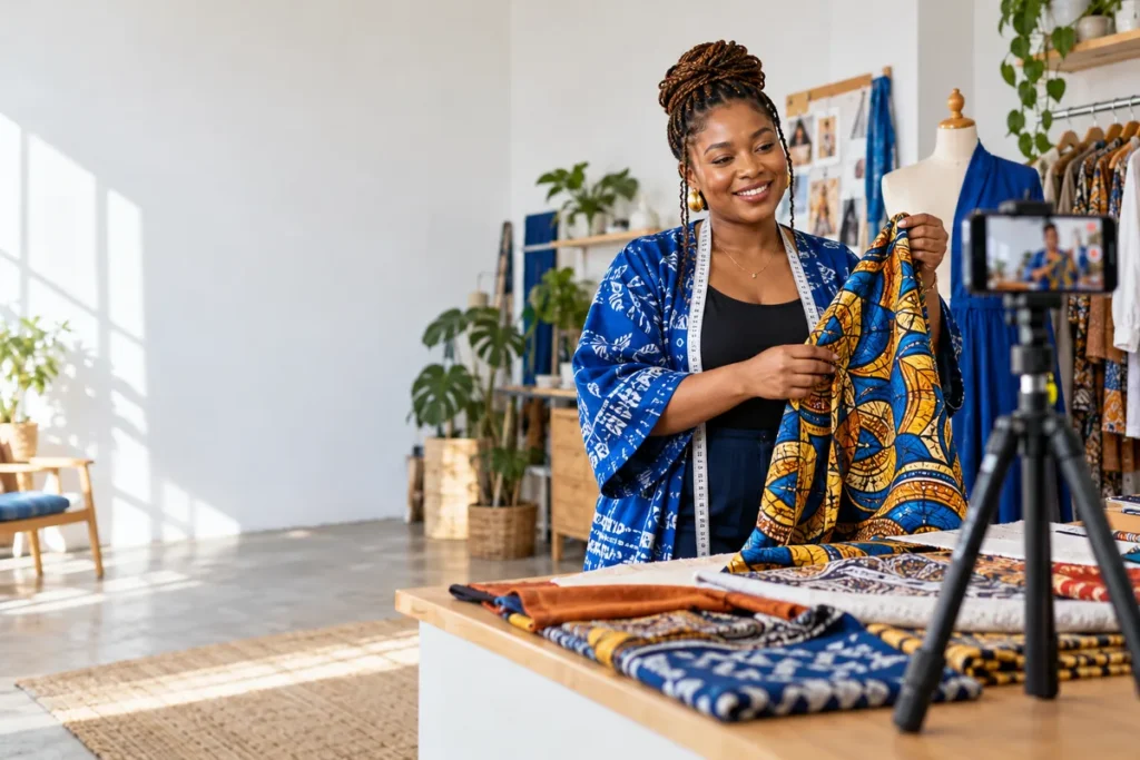 Fashion designer filming colourful fabric samples with a smartphone on a tripod in her studio